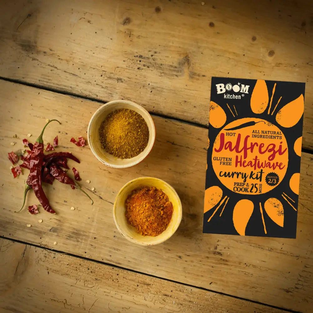 Boom kitchen jalfrezi heatwave premium recipe kit in vibrant orange and black packaging with bold text for easy cooking