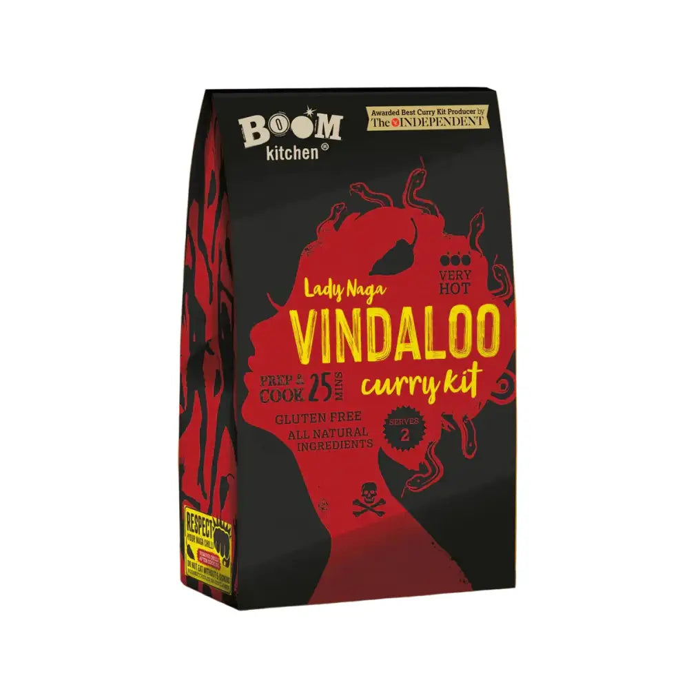Black and red packaged boom kitchen lady naga vindaloo premium recipe kit with fiery design for spicy curry lovers