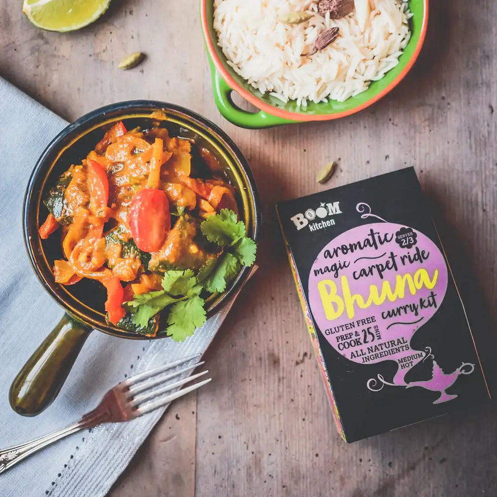 Black and purple boom kitchen magic bhuna curry kit box for aromatic homemade meal with easy recipe steps