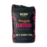 Black boom kitchen punjab tandoori meat rub pouch with vibrant pink and orange geometric patterns on the sides