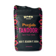Black boom kitchen punjab tandoori meat rub pouch with vibrant pink and orange geometric patterns on the sides