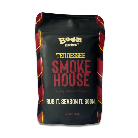 Black and red boom kitchen Tennessee smokehouse meat rub packet with bold yellow text for seasoning meat