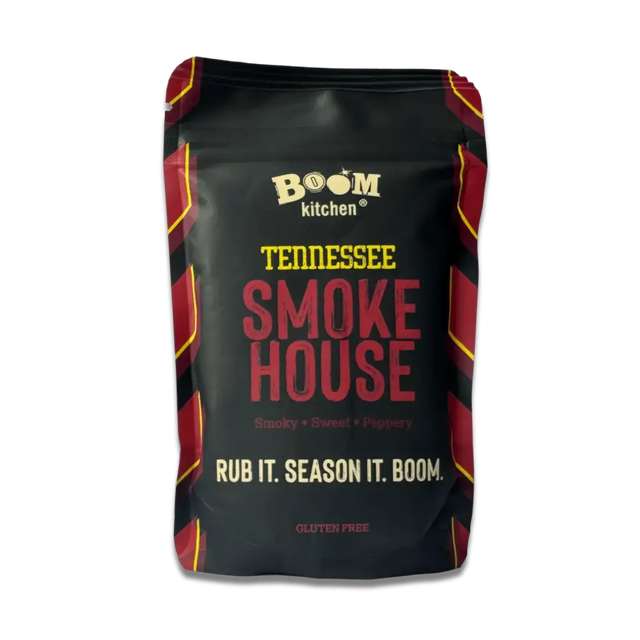Black and red boom kitchen Tennessee smokehouse meat rub packet with bold yellow text for seasoning meat