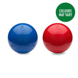 Bright blue and red glossy plastic boomer ball dog toys with embossed sitting dog silhouettes for toy destroyers