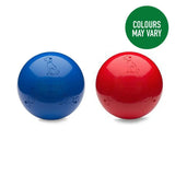 Bright blue and red virtually indestructible boomer ball dog toys with embossed sitting dog silhouettes for toy destroyers