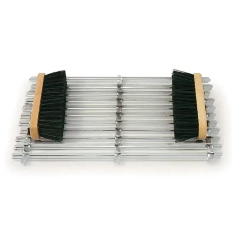 Set of stainless steel wrenches with black bristle brushes on wooden handles for boot scraper mat to remove mud