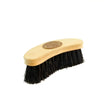 A light-colored wooden borstiq banana arenga brush with dense black bristles and a curved eco-friendly shape