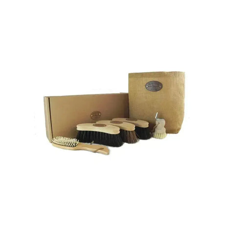 Set of wooden handled borstiq banana kit horse brushes with natural bristles and a burlap storage bag