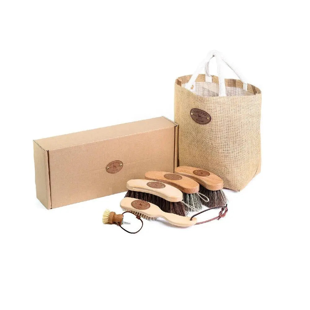 Set of four wooden handled borstiq banana kit horse brushes with natural bristles and matching burlap tote bag
