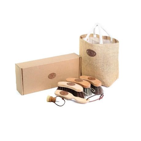 Set of four wooden handled borstiq banana kit horse brushes with natural bristles and matching burlap tote bag