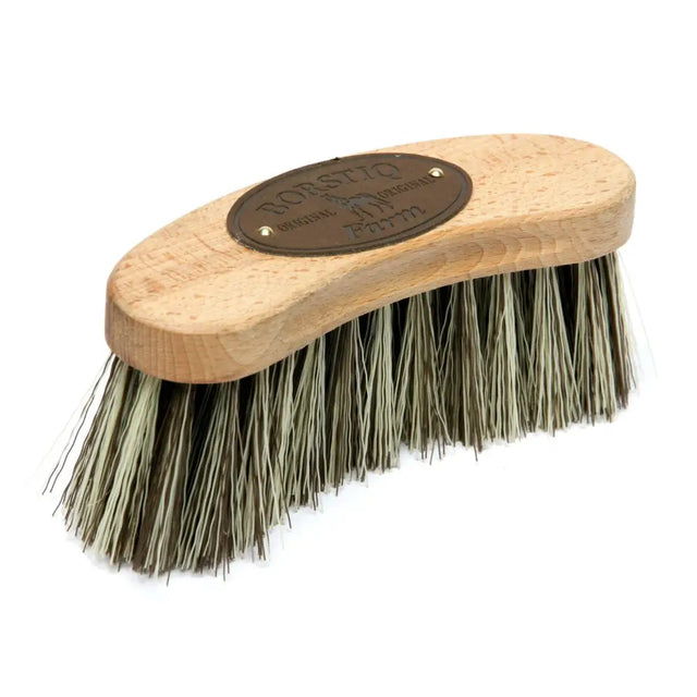 Borstiq banana medium brush with light wooden handle and dense natural green and brown bristles for grooming horses
