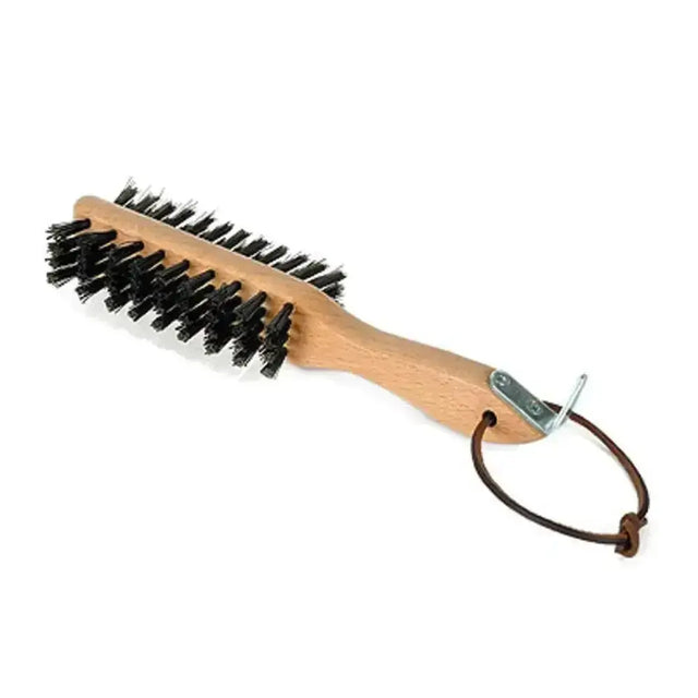 Wooden-handled borstiq barefoot hoofpick brush with dense black bristles and leather loop for stubborn grit removal