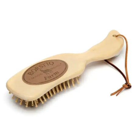Light wooden borstiq ergo hair massage brush with natural bristles and leather strap for easy grip