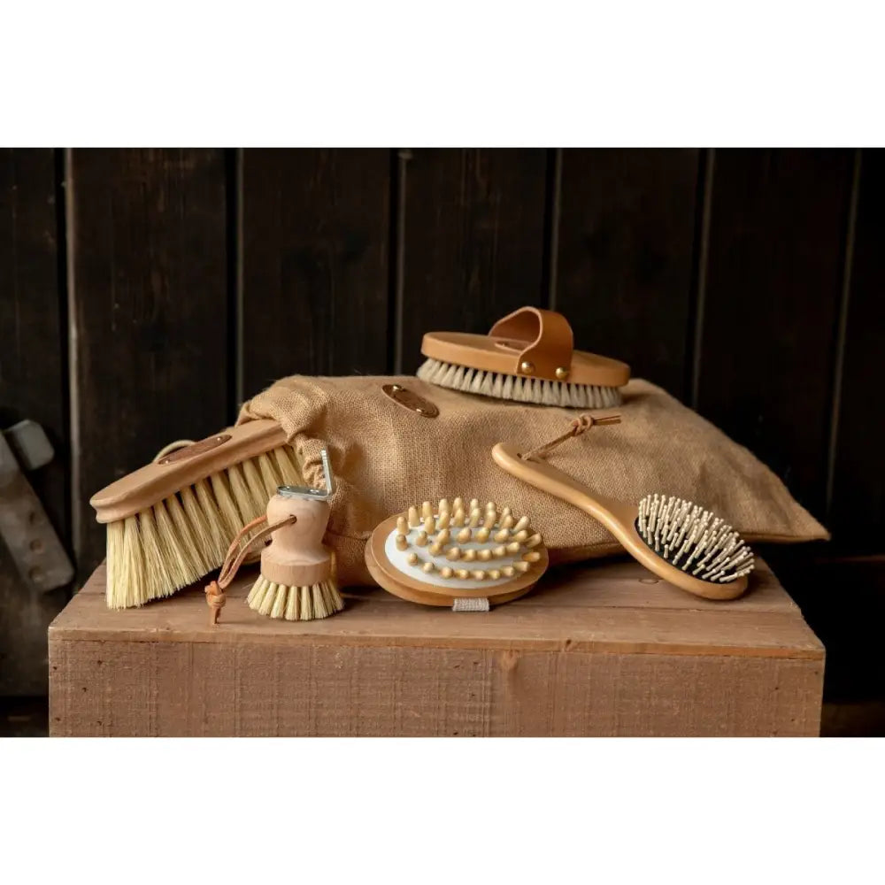Set of natural wood and bristle brushes with leather accents borstiq everyday care set for horse grooming
