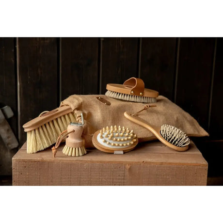 Set of natural wood and bristle brushes with leather accents borstiq everyday care set for horse grooming