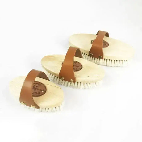 Three light wooden borstiq goat hair body brushes with softest goats hair bristles and tan leather straps