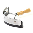 Silver borstiq metal sweat scraper with wooden handled traditional light brown grip and black rubberized edge