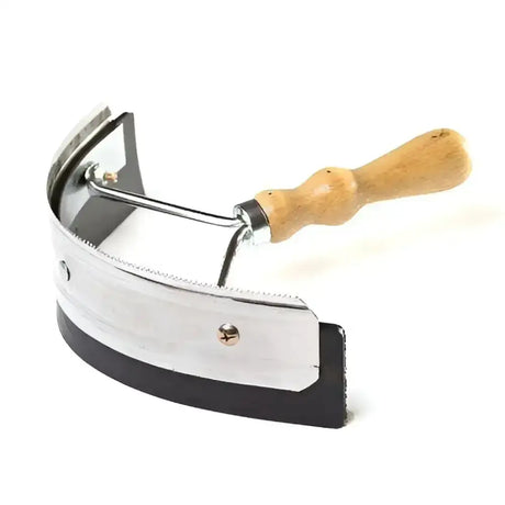 Silver borstiq metal sweat scraper with wooden handled traditional light brown grip and black rubberized edge