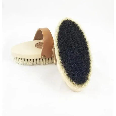 Borstiq natural body brush with natural bristled dual sides and tan leather strap on light wood handle