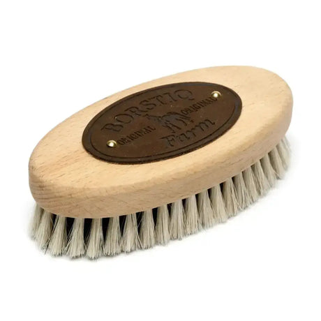 Small borstiq natural bodybrush with light wooden oval handle and natural horse hair bristle for gentle exfoliation
