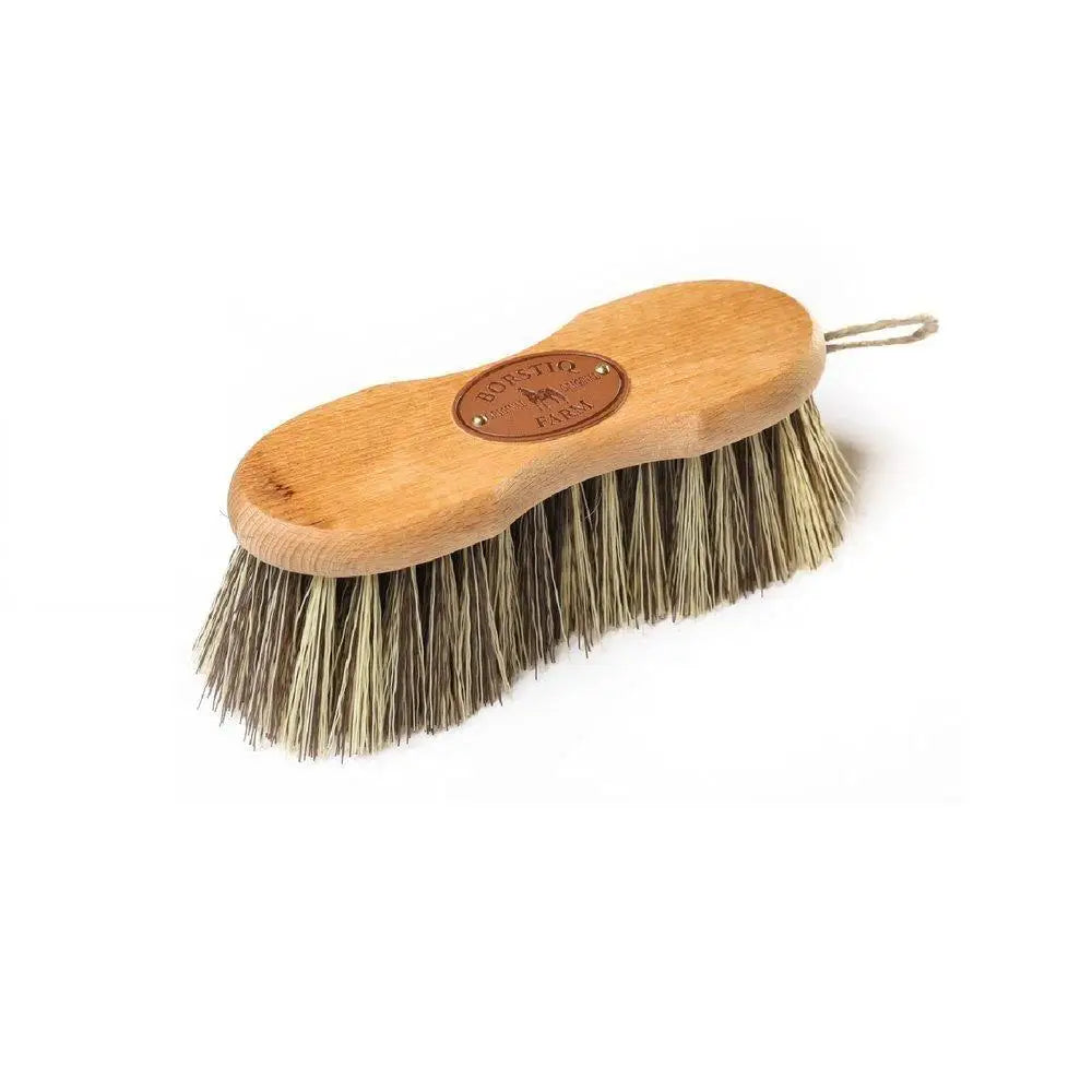 Borstiq shaped medium horse brush with natural wood handle and dense mixed beige polypropylene bristles banana type brushes