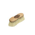 A borstiq shaped mex fibre brush with light wooden handle and natural mexican fibre bristles featuring a branded plaque