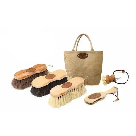Set of three borstiq shaped natural horse brushes with wooden handles natural bristles and beige jute tote bag