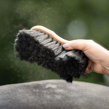 A borstiq shaped soft flick brush with a sturdy black body and light wooden handle for flick horse grooming