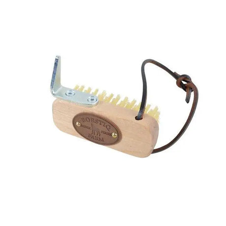 Borstiq small hoof pick-brush with yellow bristles wooden handle metal l-shaped attachment and brown leather strap