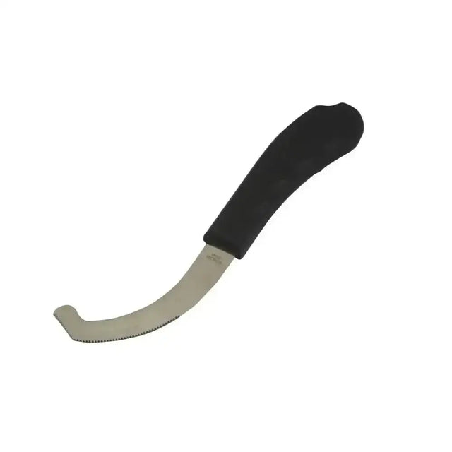 Black-handled bot fly knife with curved serrated stainless steel blade for removing bot flys from horse fly masks