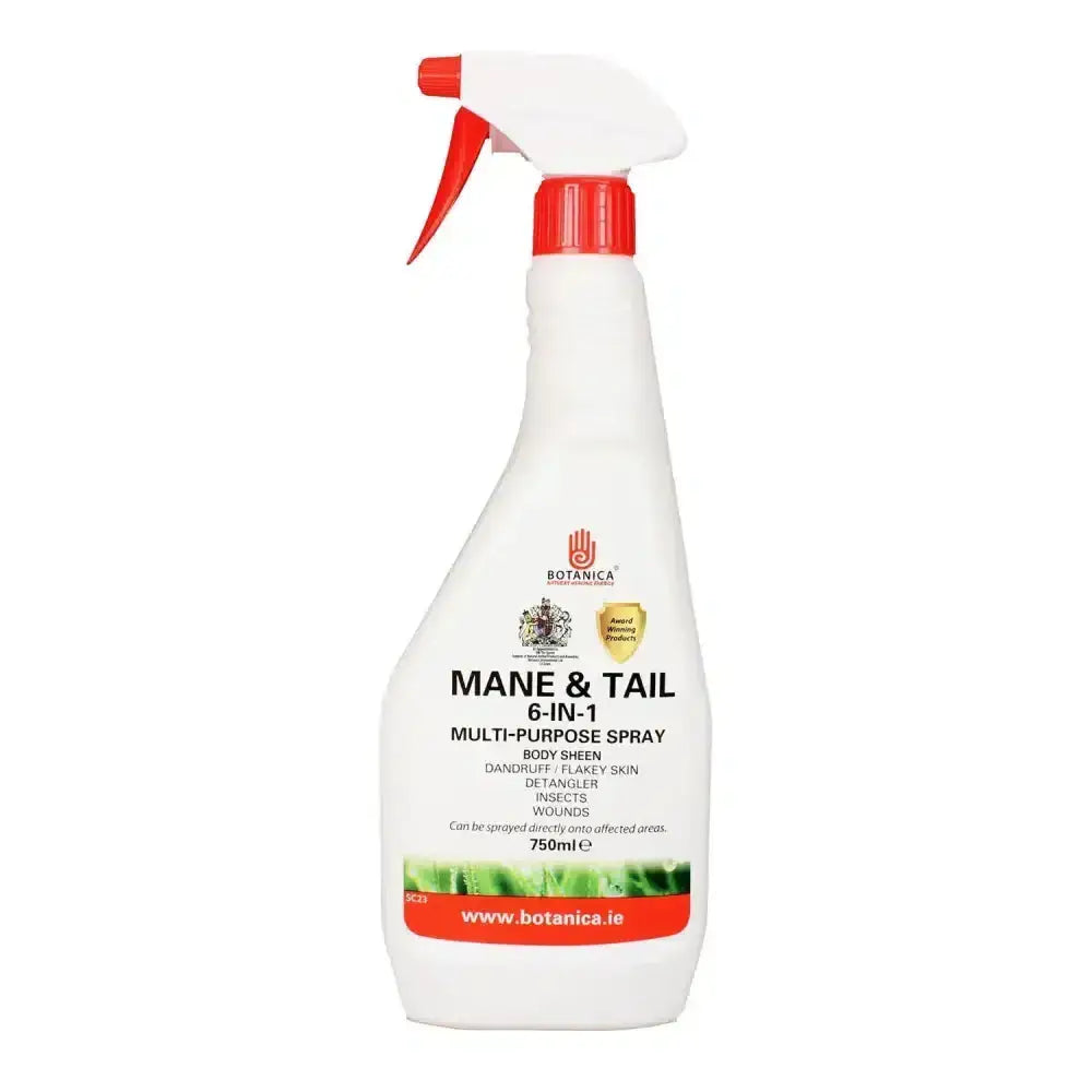 White plastic botanica 6-in-1 mane multi-purpose spray bottle with red trigger and unique formula label