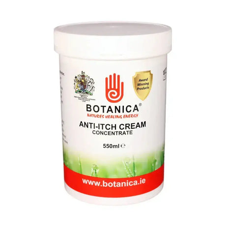 Botanica anti-itch cream concentrate in white container with red and green label made with natural herbal ingredients