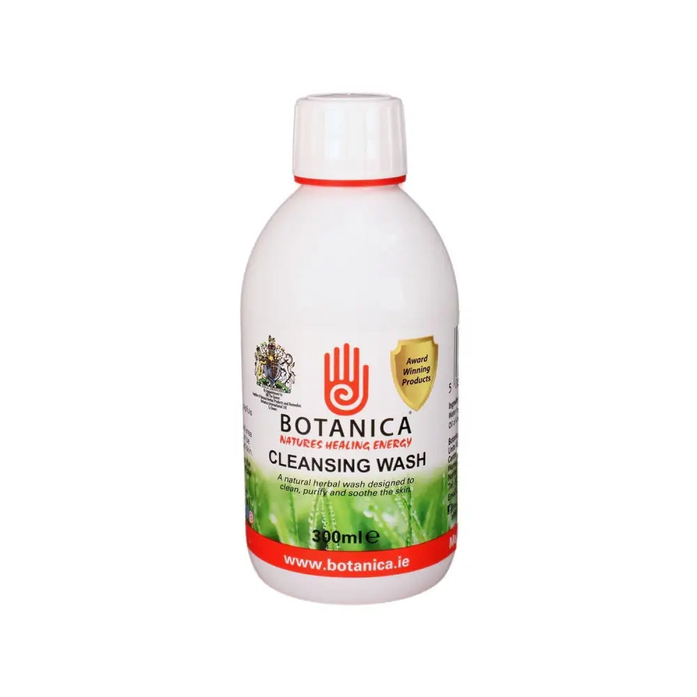 Botanica cleansing wash in a white plastic bottle with red accents and natural herbal ingredients for soothing antiseptic wash
