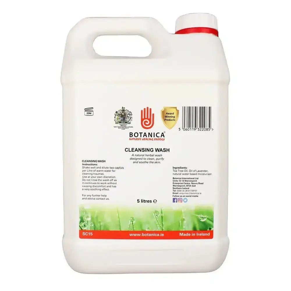 White plastic jug with red cap and handle labeled botanica cleansing wash for natural herbal soothing antiseptic wash
