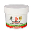 White plastic jar of botanica natural herbal cream with red green label and 125ml volume for natural herbal creams