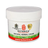 White plastic jar of botanica natural herbal cream with red green label and 125ml volume for natural herbal creams