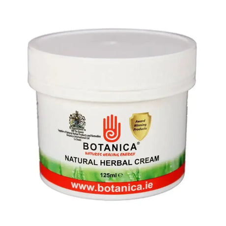 White plastic jar of botanica natural herbal cream with red green label and 125ml volume for natural herbal creams