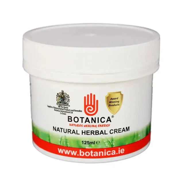 White plastic jar of botanica natural herbal cream with red green label and 125ml volume for natural herbal creams