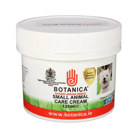 White plastic jar of botanica small animal care cream 125ml with soothing aloe vera for small animal care
