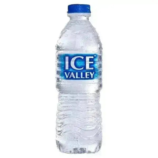 Clear plastic bottled ice valley water with blue cap and label for 500ml tuck shop drink