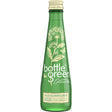 A green glass bottle of bottlegreen elderflower pressé sparkling water with gold foil and a cream cap from cotswold spring
