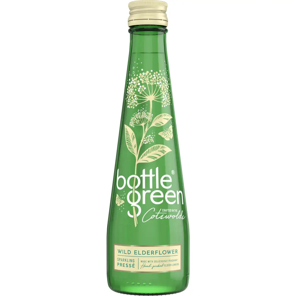 A green glass bottle of bottlegreen elderflower pressé sparkling water with gold foil and a cream cap from cotswold spring