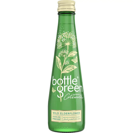 A green glass bottle of bottlegreen elderflower pressé sparkling water with gold foil and a cream cap from cotswold spring