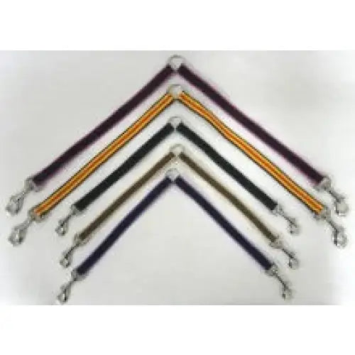 A set of five colorful woven nylon brace lead leash straps with metal hardware and central ring for two dogs