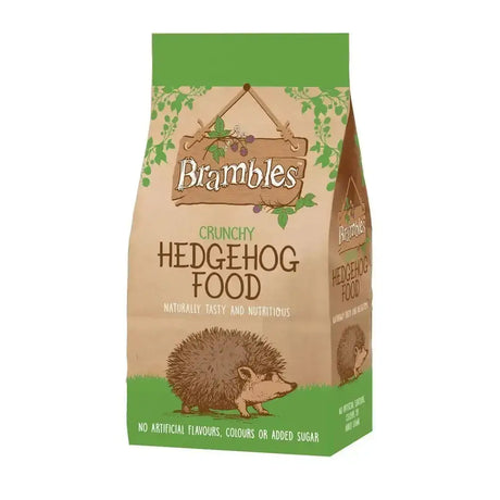 Brambles crunchy hedgehog food in a brown and green paper bag with an illustrated hedgehog specially formulated complementary food