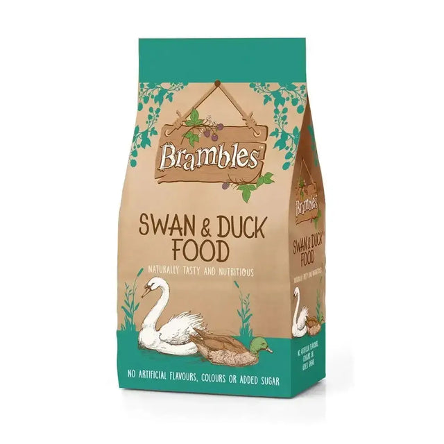 Brambles floating swan and duck food in a brown paper bag with teal accents and bird illustrations for wild bird food