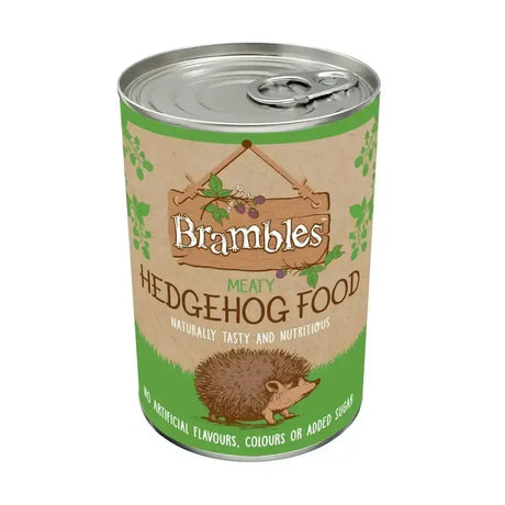 Brambles meaty hedgehog food can with green and beige label featuring a hedgehog illustration for complementary food specially formulated