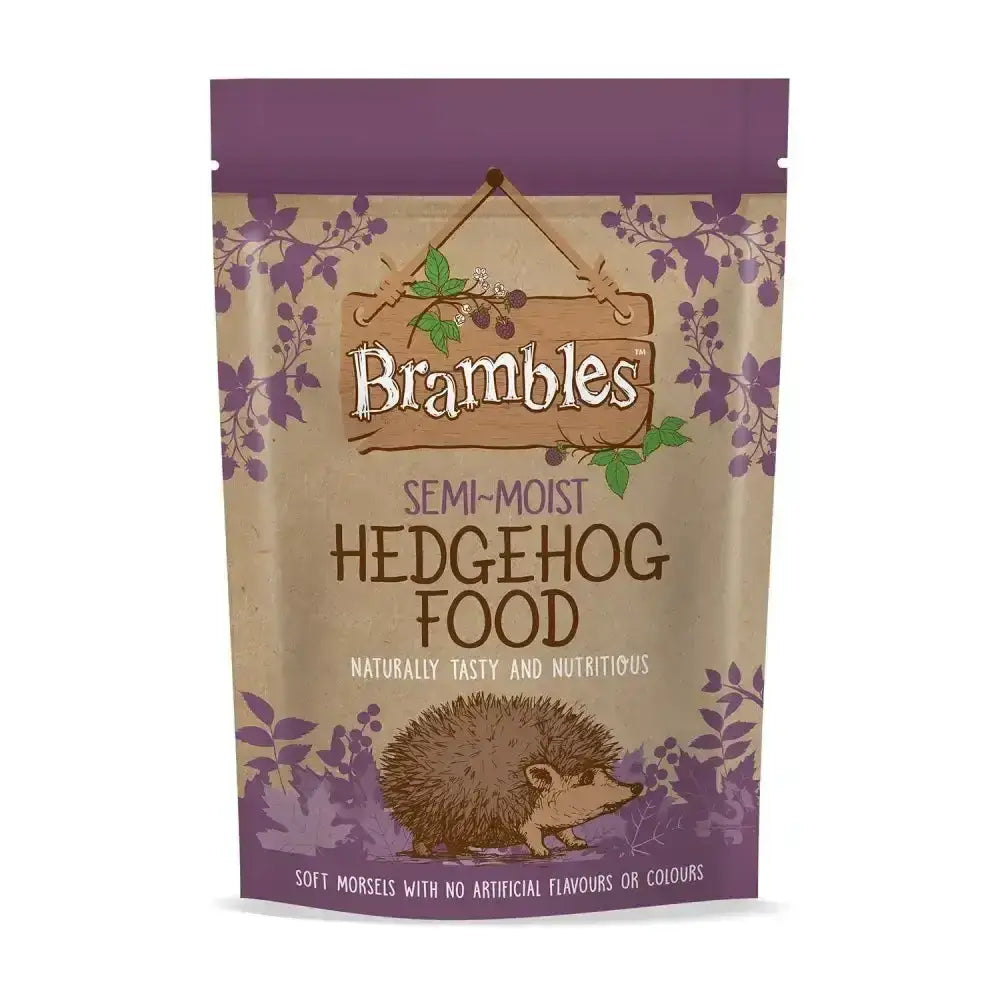 Brambles semi-moist hedgehog food in a purple and beige resealable pouch with foliage design for complementary food specially made for hedgehogs
