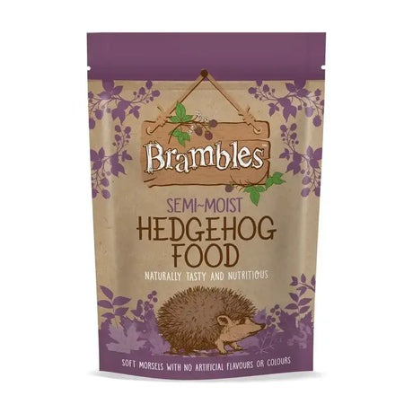 Brambles semi-moist hedgehog food in a purple and beige resealable pouch with foliage design for complementary food specially made for hedgehogs