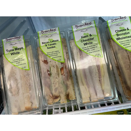 Bramleys sandwiches ham and cheddar white sandwich in clear plastic with green labeling perfect for horse riders and equestrian fans